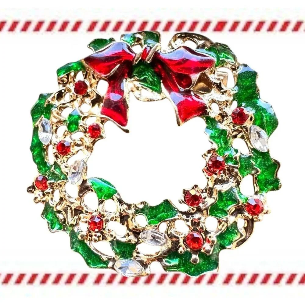 Christmas Wreath Pin Brooch New Red Green Crystal Bow Festive Holidays Nostalgic